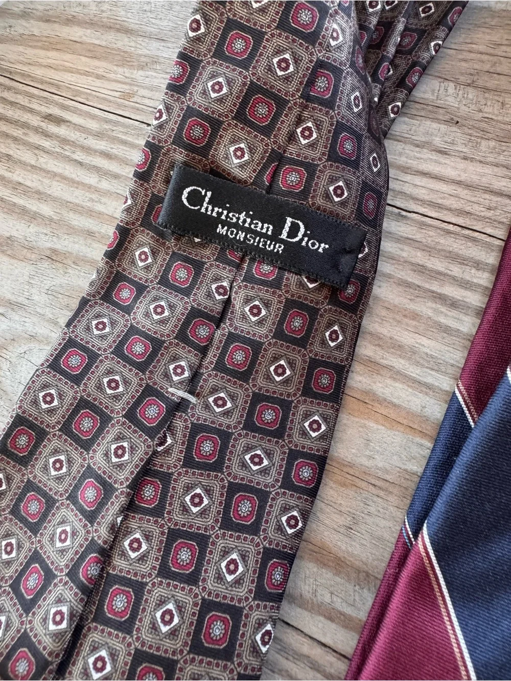 Dior Men's Neckties in Burgundy, Navy, Peach, Brown and Gray Patterns